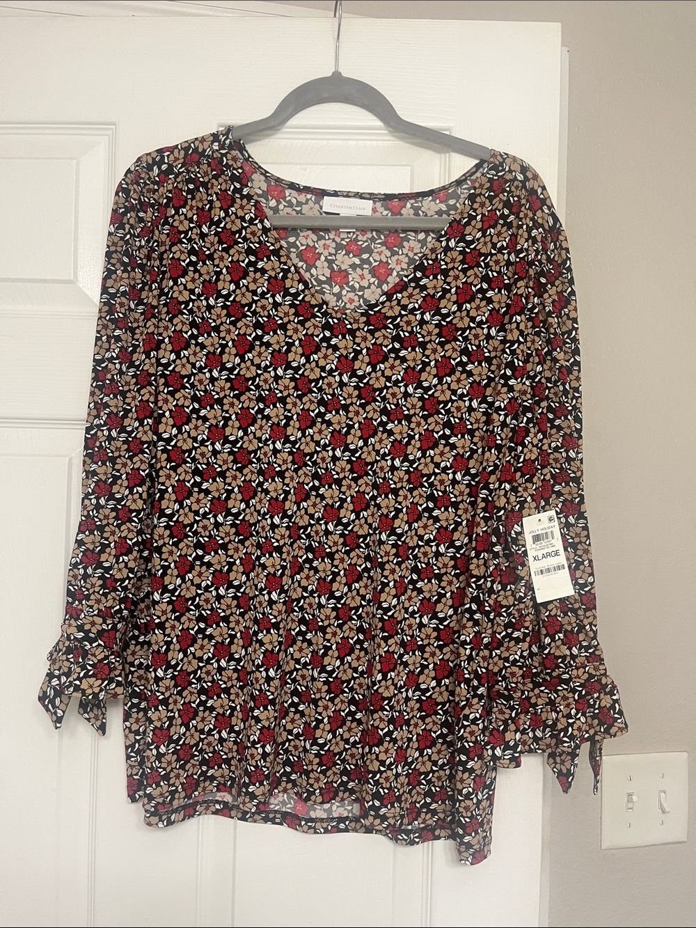 Charter Club Black Floral V-Neck Blouse with Red and Tan Flowers
